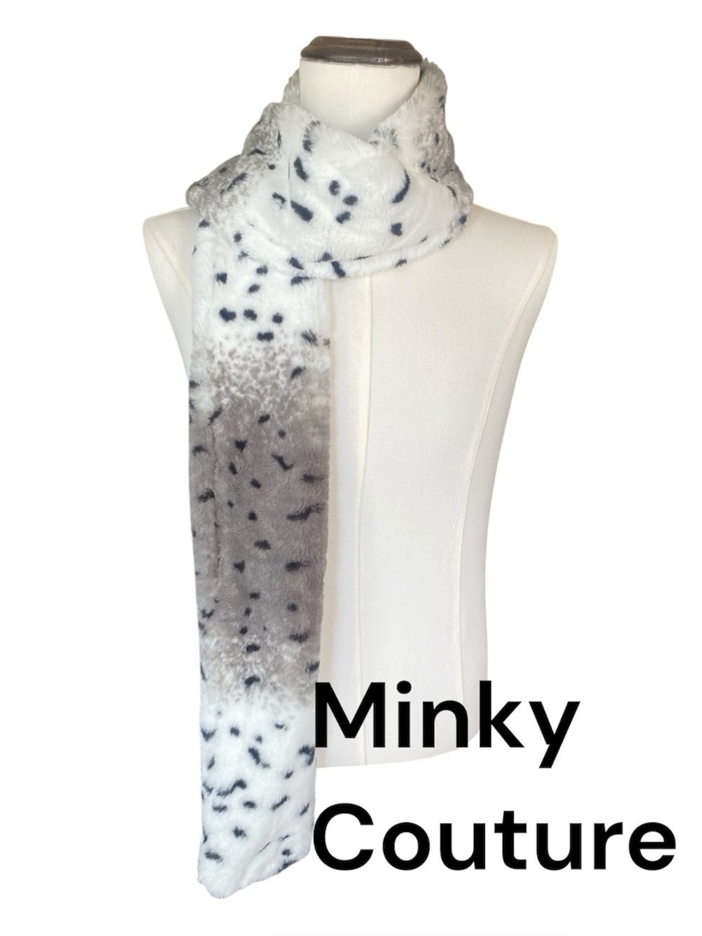 Minky Couture Designer Snow Leopard Plush Faux Fur Scarf White Black Super Soft
